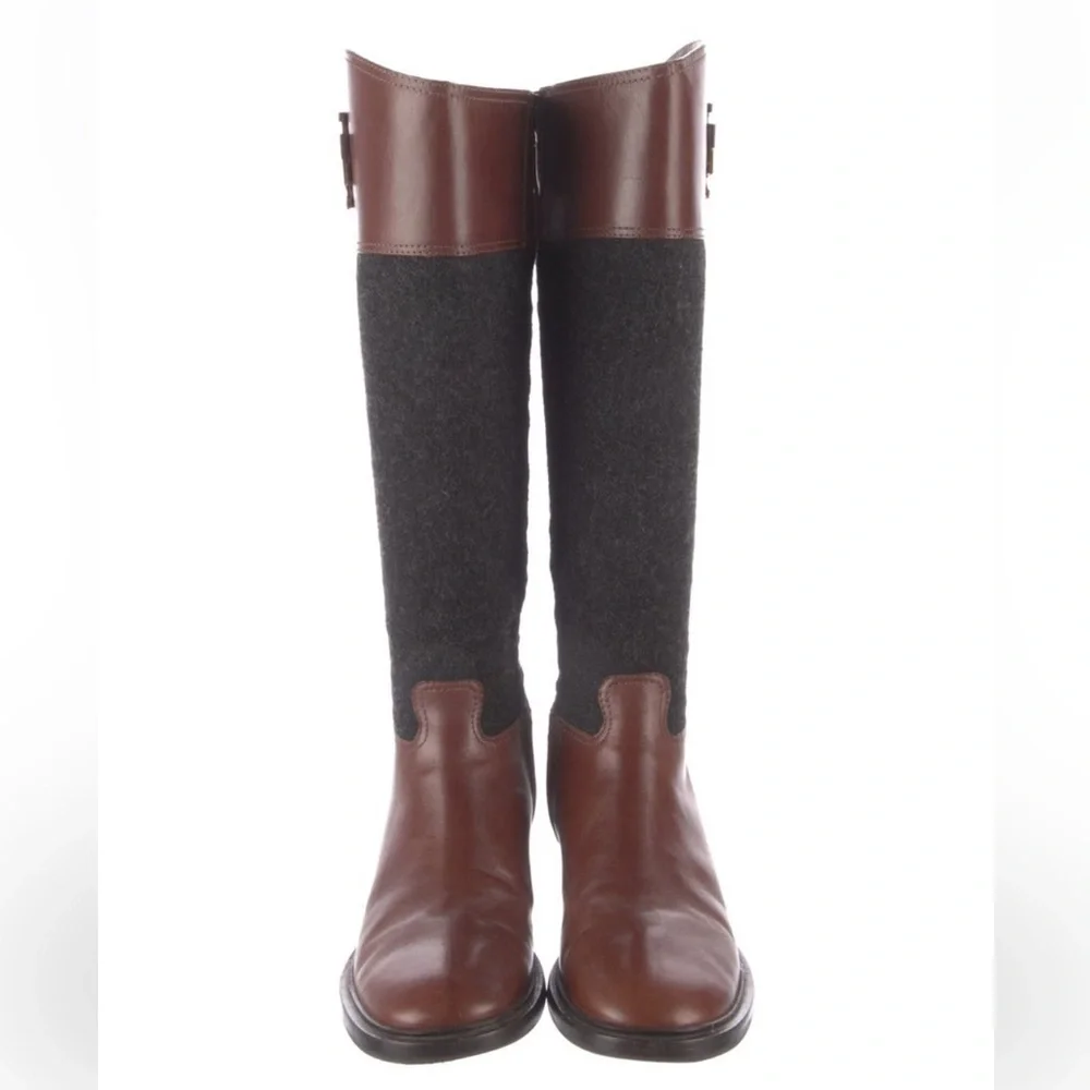 Tory Burch Brown Leather & Charcoal Wool Over-the-Knee Boots